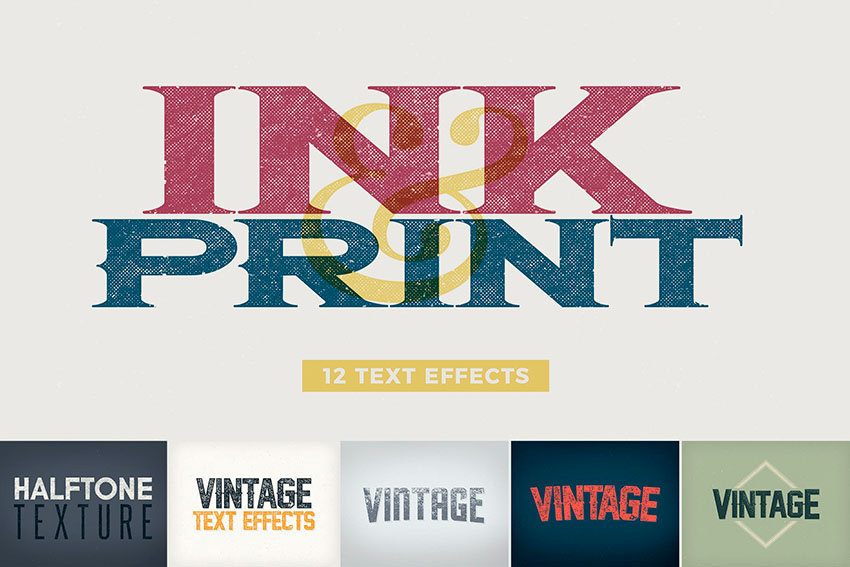 Efectos de texto vintage de letras/tinta (PSD), sellos personalizados