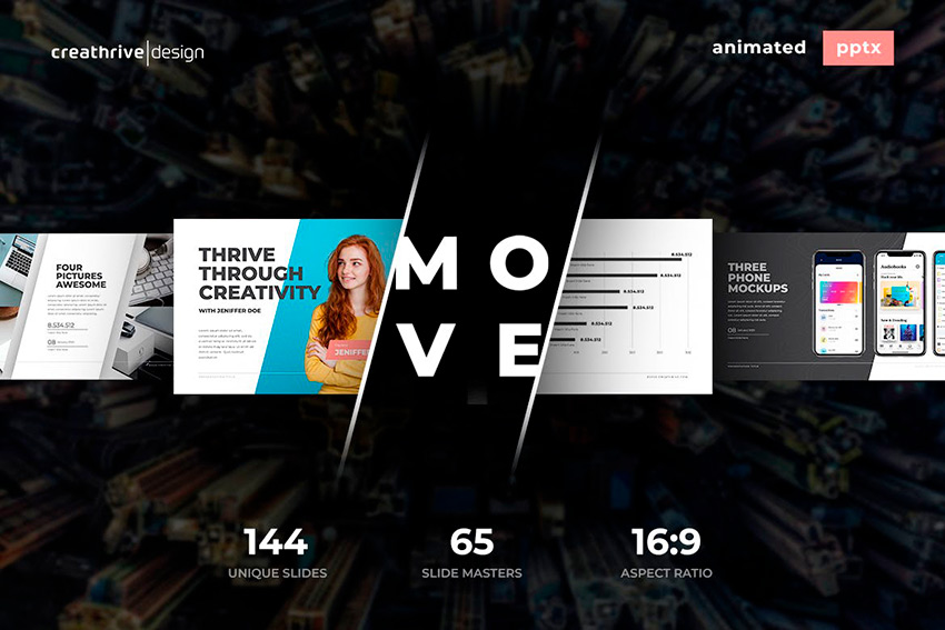 The Move Animated PPT Template is one fo the newest interactive PowerPoint templates on Envato Elements.