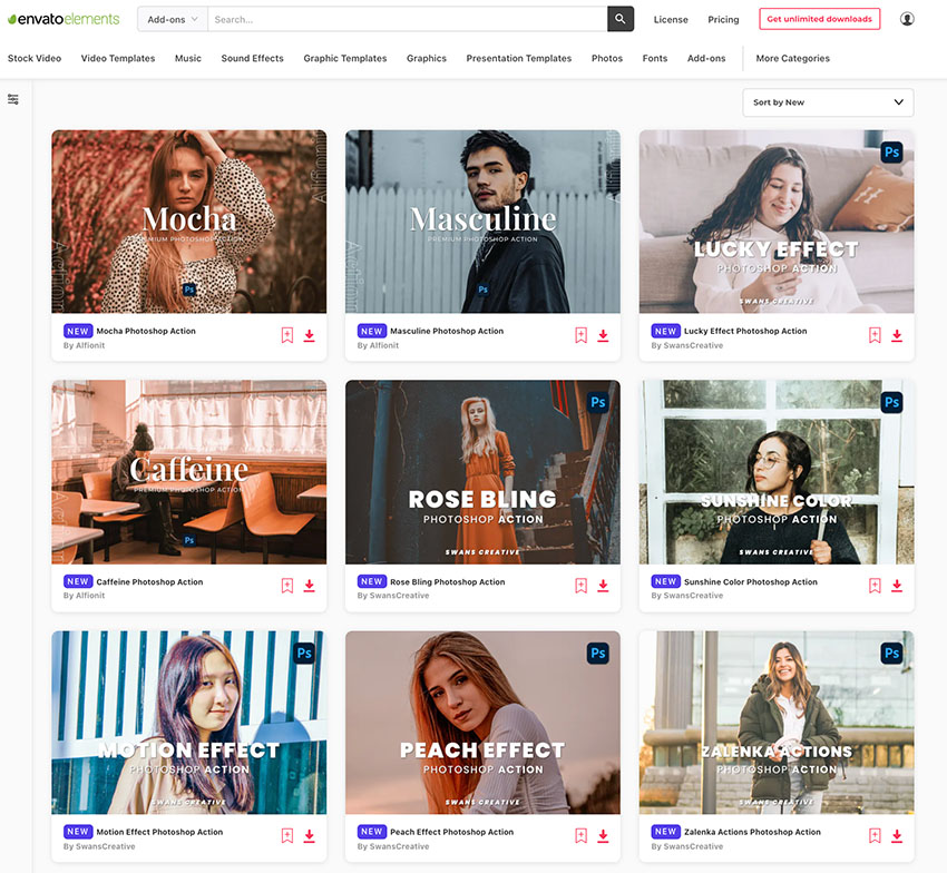 Genießen Sie die unbegrenzten Downloads von neuen und modernen Photoshop-Aktionen auf Envato Elements.