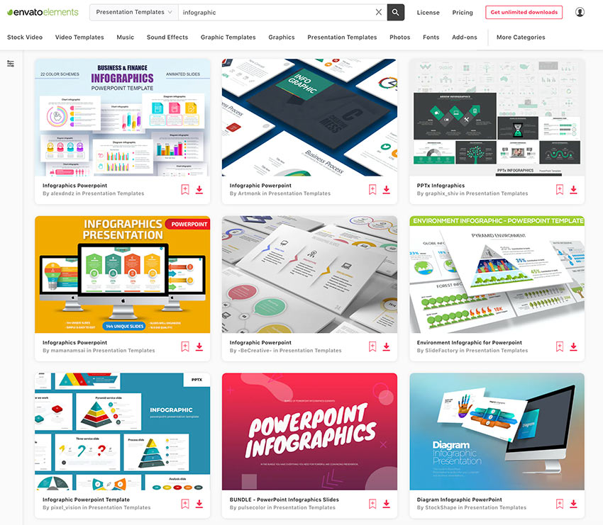 Envato Elements bietet Ihnen mit Ihrem Abonnement unbegrenzte Premium-PowerPoint-Infografik-Vorlagen.