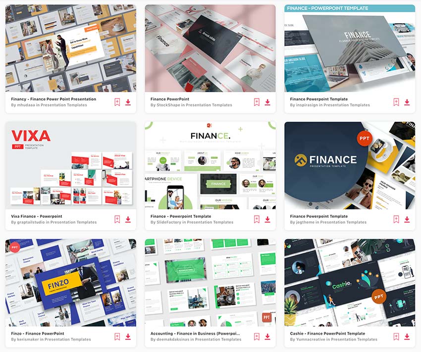 Ilimitadas plantillas Power Point para presentación financiera en Envato Elements. 