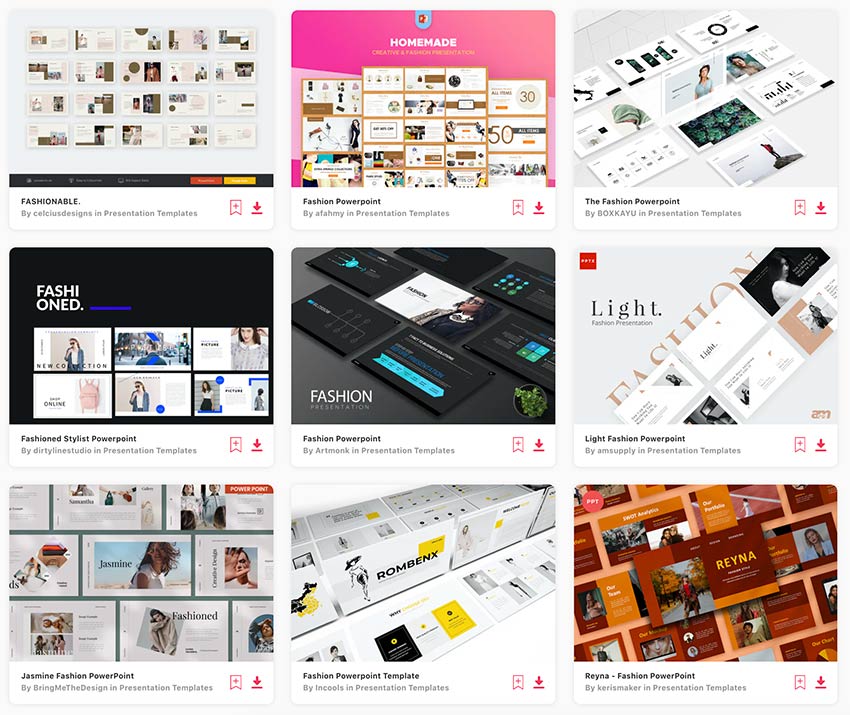 Some of the beautiful fashion PowerPoint templates available through Envato Elements.