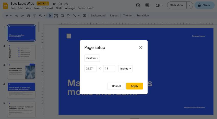 Page Setup dialog box in Google Slides