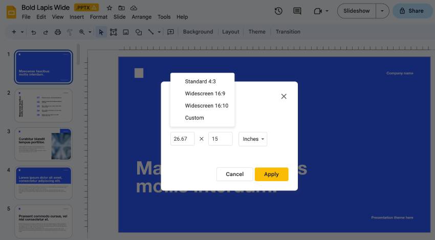 Available dimensions in Google Slides