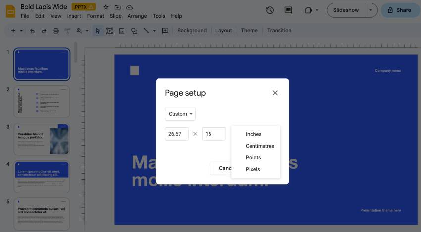 Custom slide size option in Google Slides