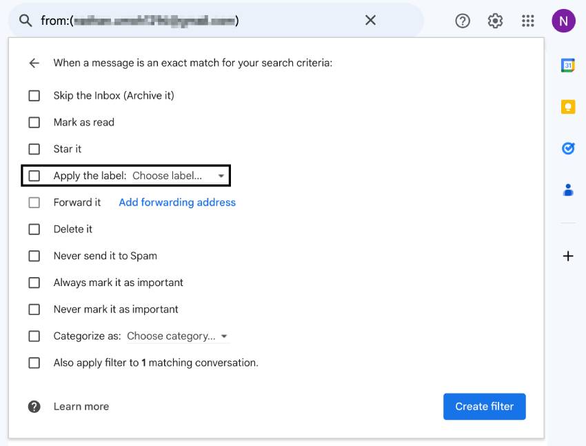 Filter emails by sender in Gmail step 2