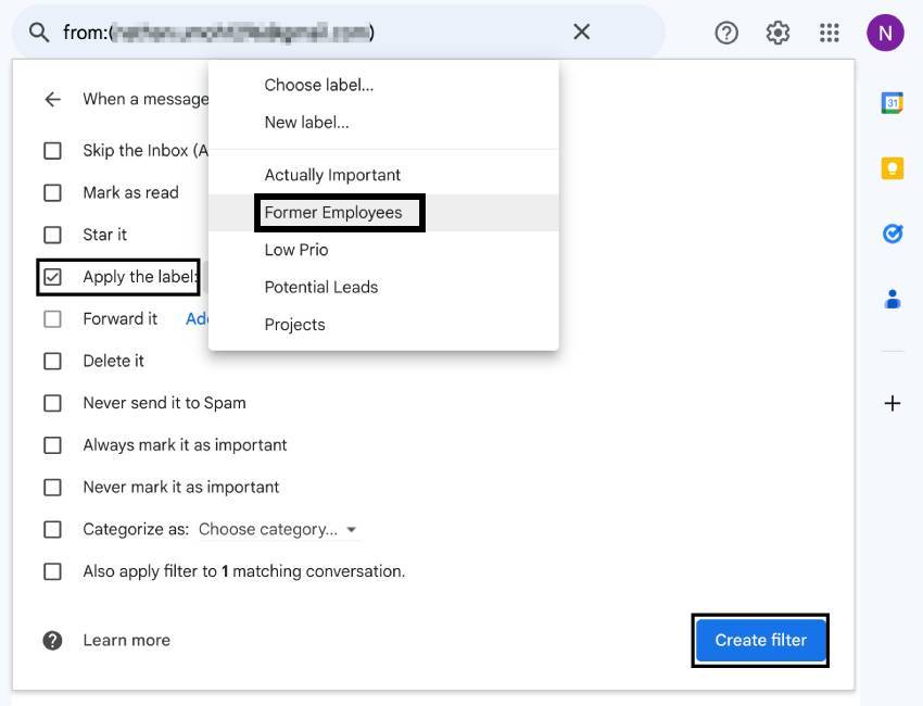 Filter emails by sender in Gmail step 2