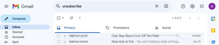 Use Gmail Search box to find unsubscribe emails