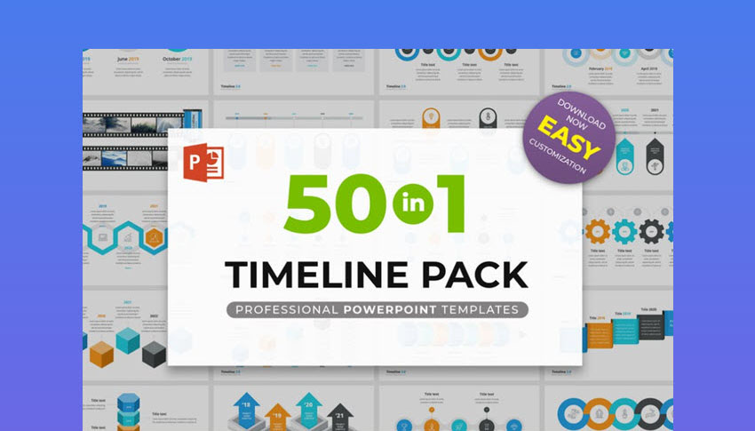 Plantilla de línea del tiempo 50 en 1 de PowerPoint (Paquete)