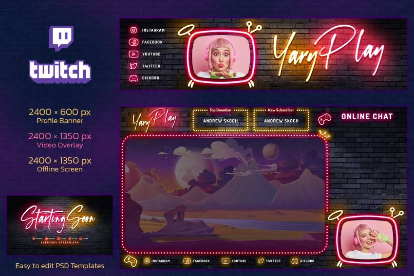Neon Gaming Twitch Stream Starting Soon Overlay Set