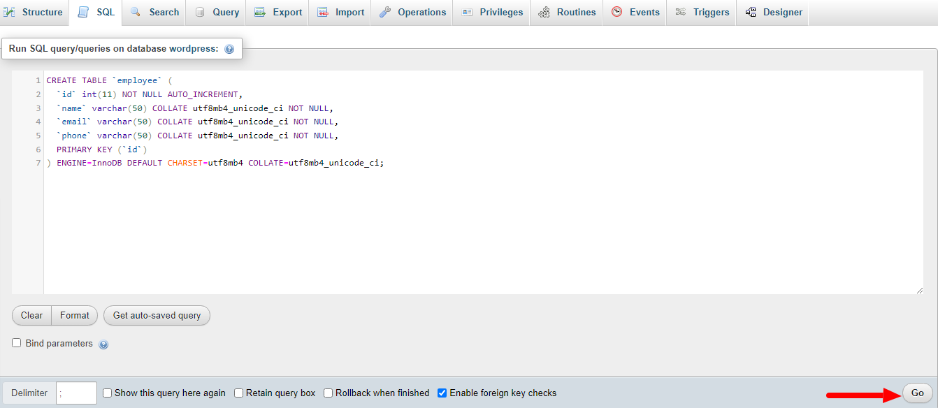 Creating table in database