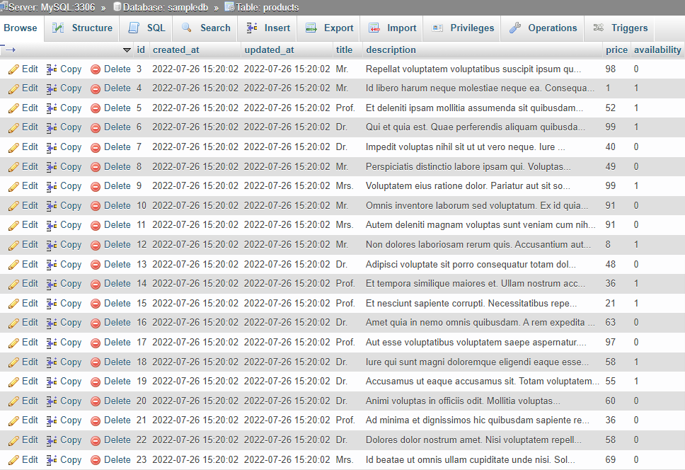 Table populated with fake data
