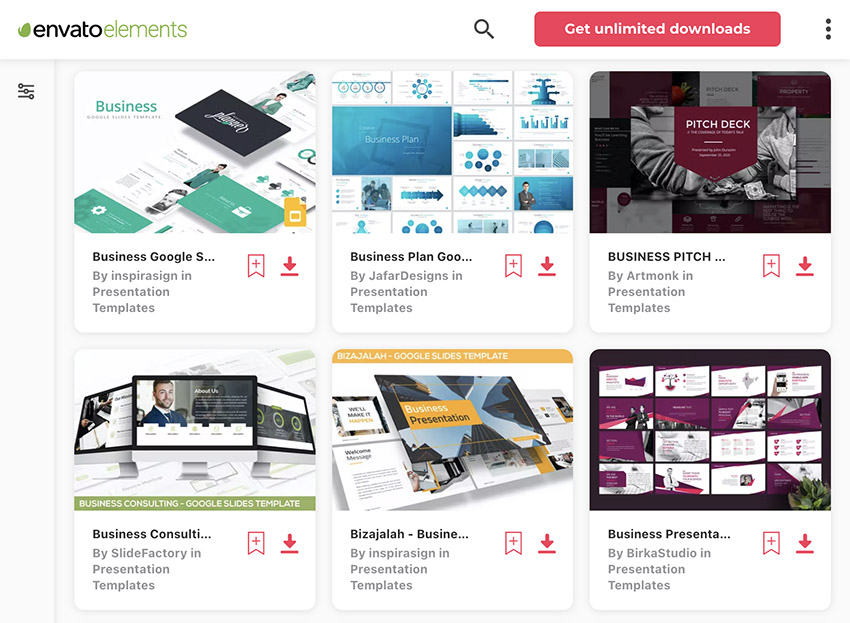 Existen cientas de plantillas Google Slides en Envato Elements.