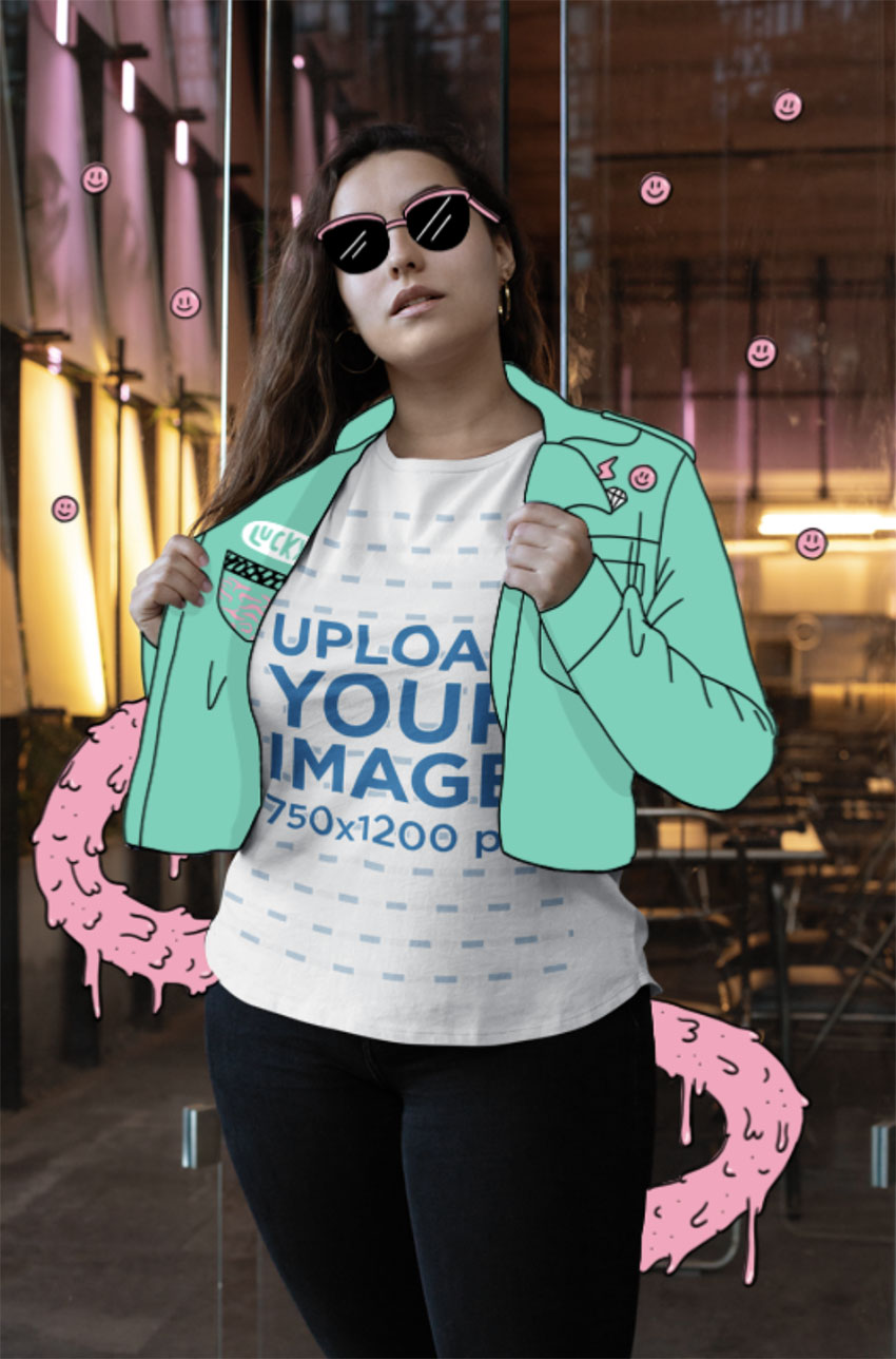 Illustrated T-Shirt Model Mockups of a Woman with a Jacket