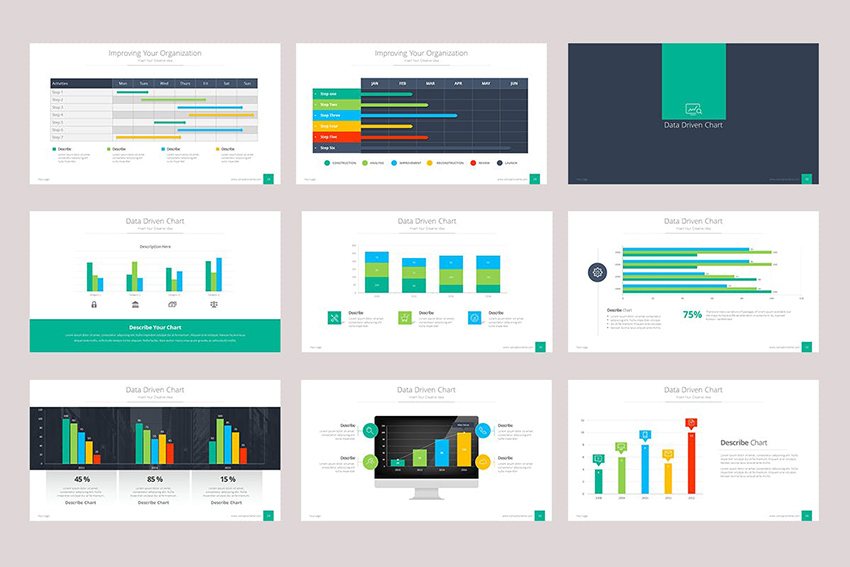 Organizational & Data Chart - Presentación con gráfico de datos, plantilla de diagrama de flujo