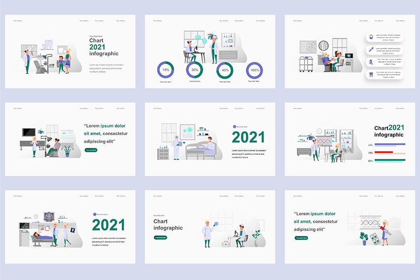 Plantilla de diagrama de flujo premium PPT con personajes médicos ilustrados