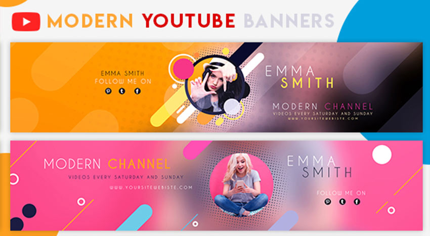 Modernos y coloridos ejemplos de banner para YouTube (PSD)