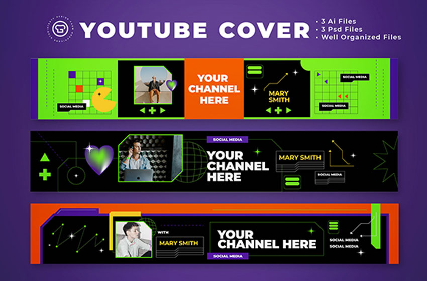 Plantilla de banner para YouTube de estilo ochentero (PSD)