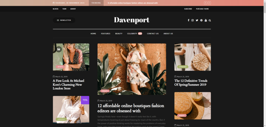 A screenshot of a beauty magazine demo included in the Davenport magazine theme for WordPress