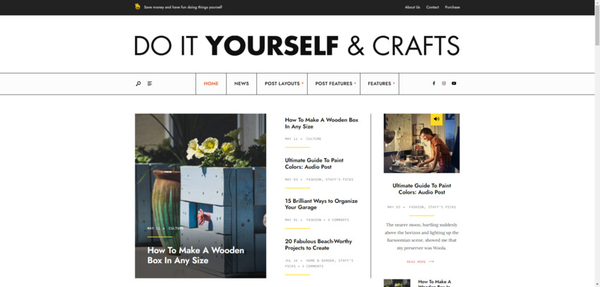 A screenshot of a crafts magazine demo included in the GutenVerse magazine theme for WordPress