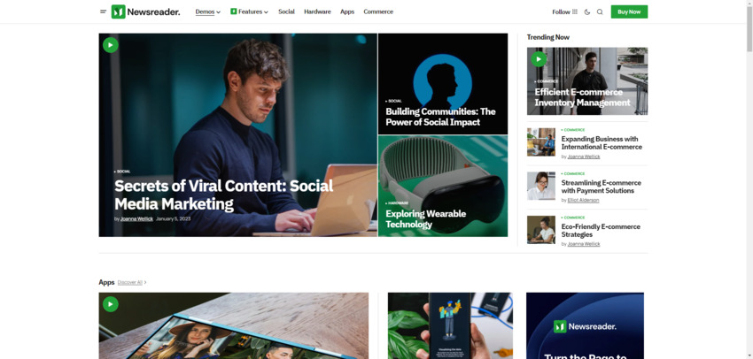 A screenshot of a business and marketing magazine demo included in the Newsreader magazine theme for WordPress
