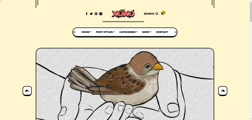 A screenshot of an illustrated magazine demo included in the Xoxo magazine theme for WordPress