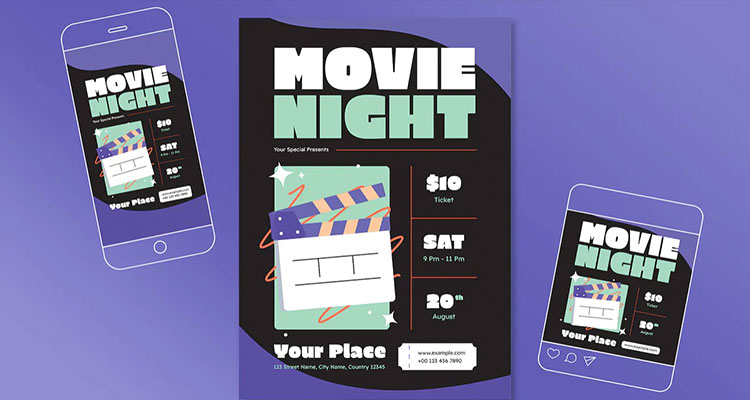 Flat Black Movie Night Flyer Set 002