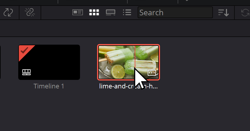Selecting a new video in DaVinci Resolve to add a clip to the timeline.