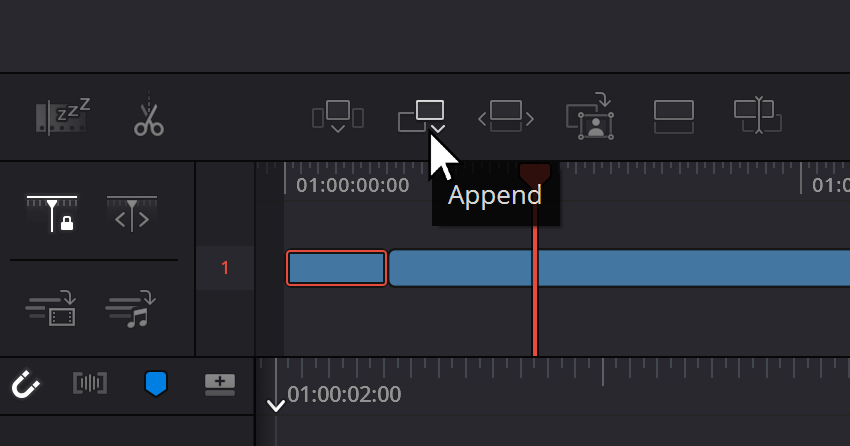 Click on the Append button in DaVinci Resolve to add a clip to the timeline.