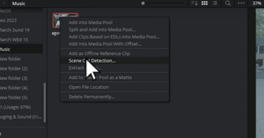 How to cut in DaVinci Resolve: Access the Scene Cut Detection menu.