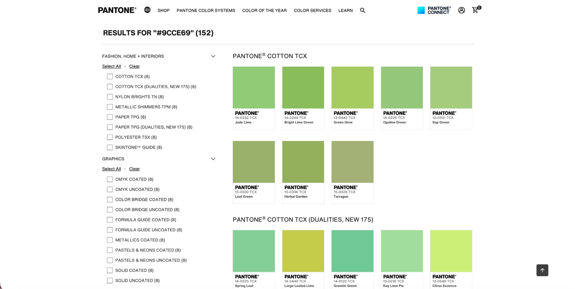 Pantone Color Finder search results displaying multiple Pantone color matches organized by color systems