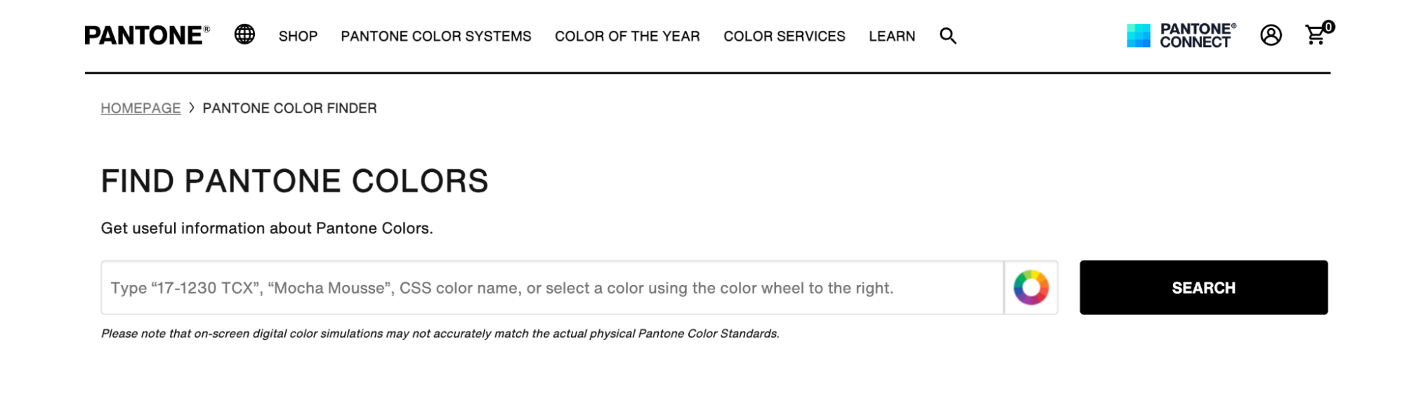 Pantone Color Finder interface with search functionality to look up Pantone color codes and names