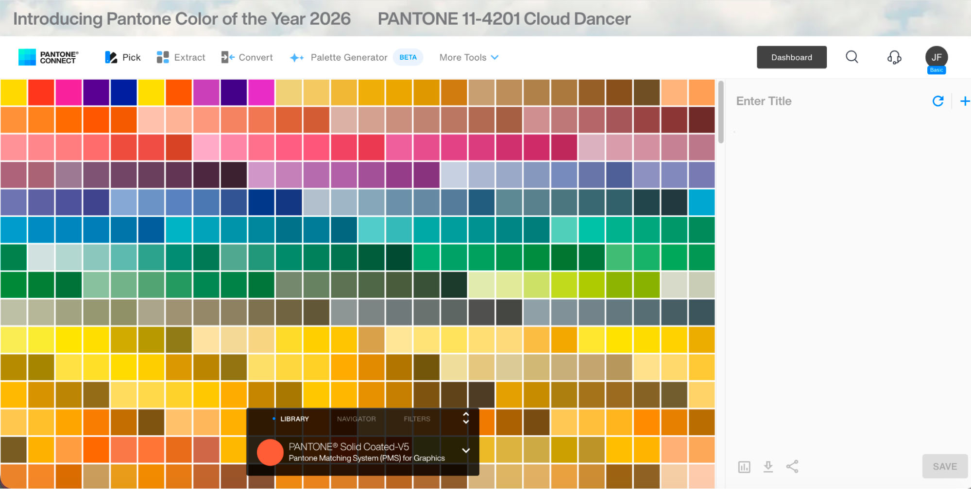 Pantone Connect platform interface with comprehensive color grid and library selector for accessing Pantone Matching System colors