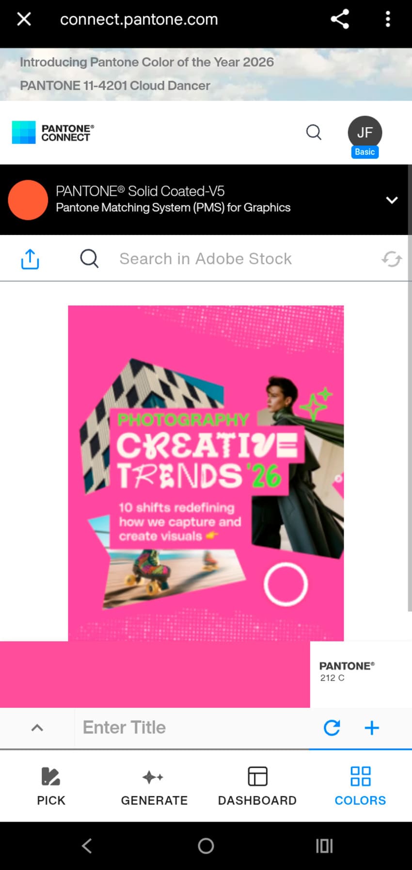 Pantone Connect Extract feature displaying identified PANTONE 212 C color from image with pink background design