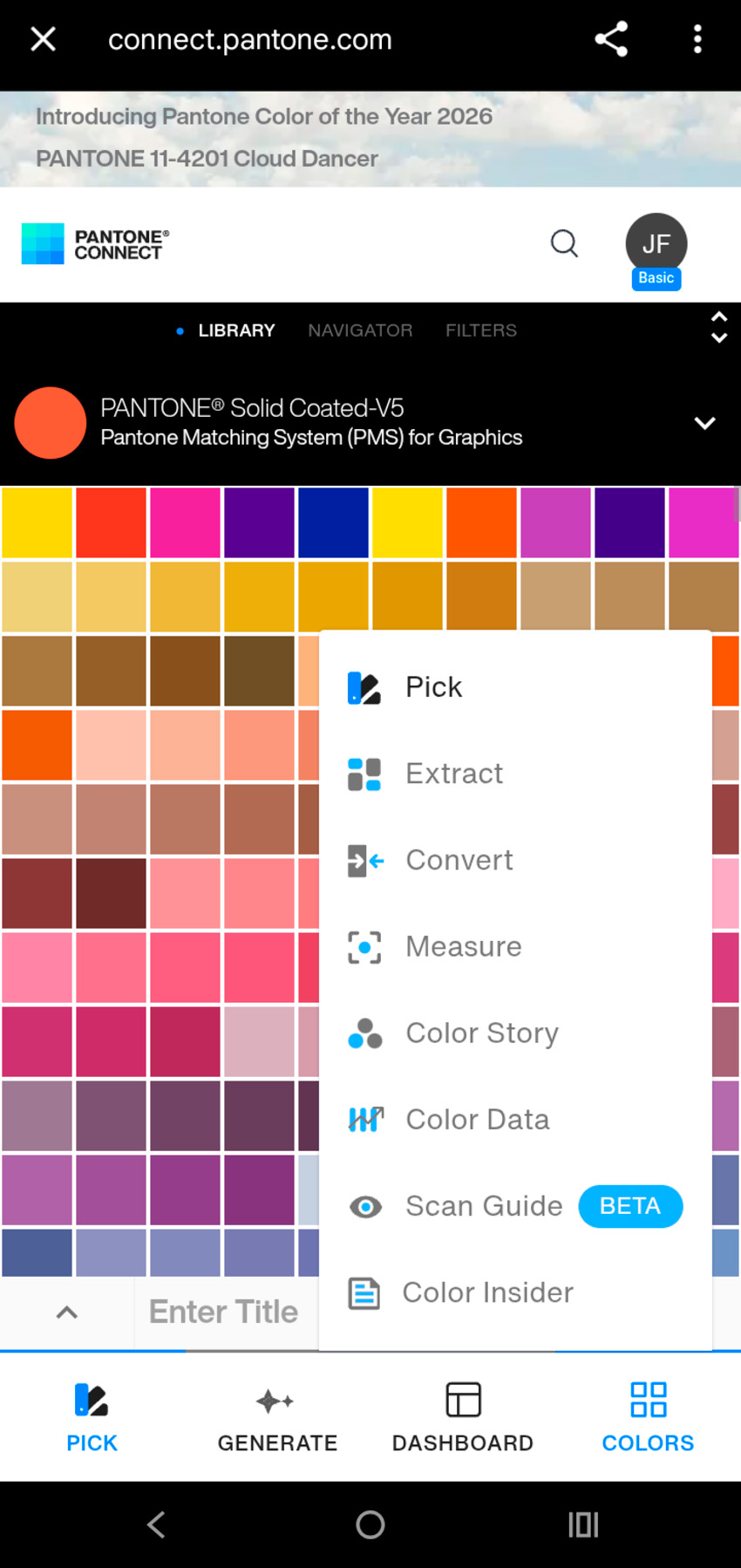 Pantone Connect app tools menu displaying color picker, converter, and measurement features for mobile Pantone color selection
