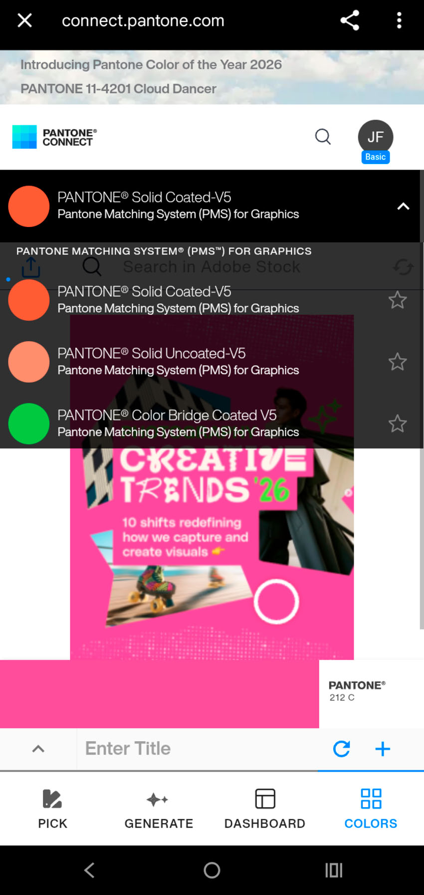 Pantone Connect app displaying multiple Pantone Matching System library options including Solid Coated, Solid Uncoated, and Color Bridge
