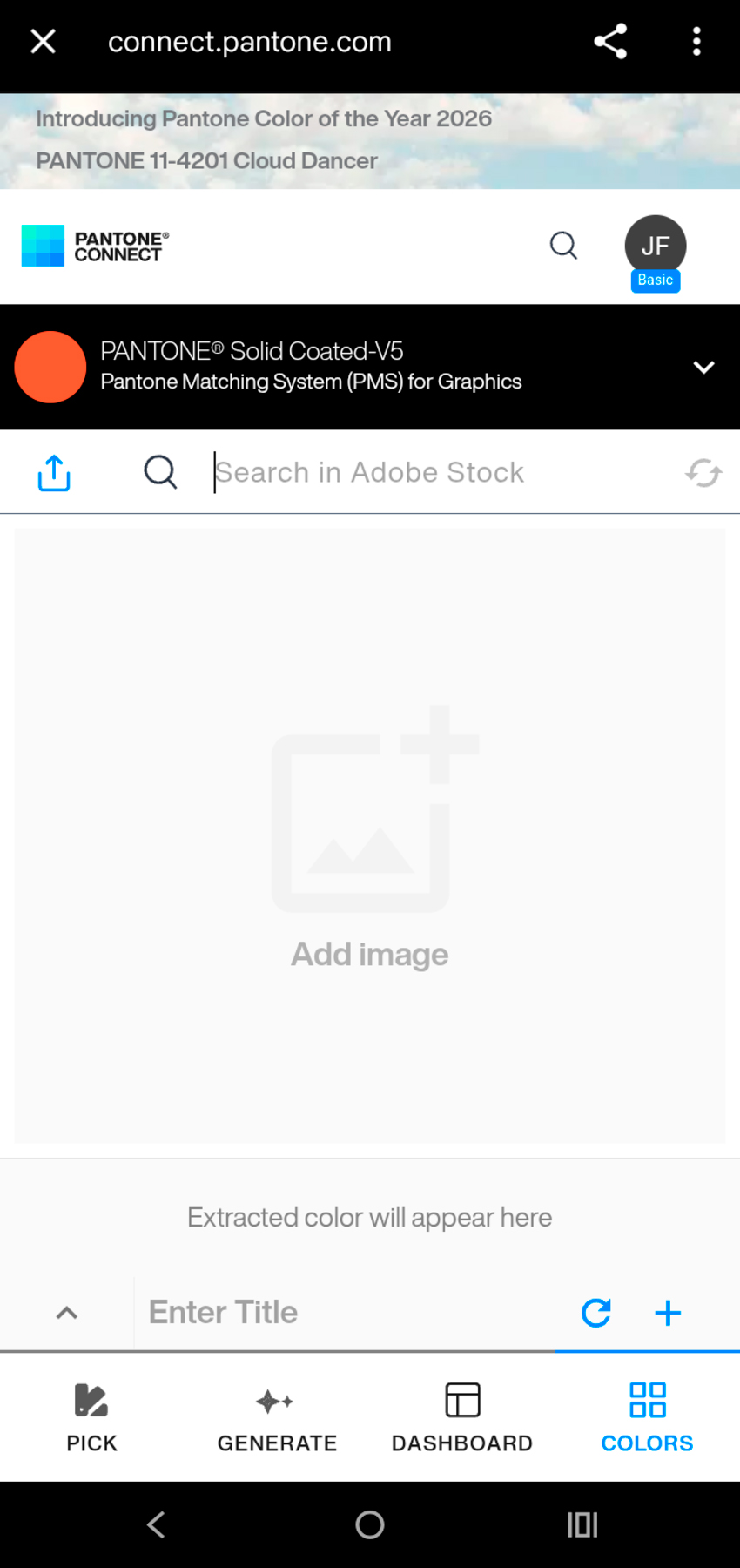 Pantone Connect Extract feature on mobile with add image option and color extraction preview area for identifying Pantone colors