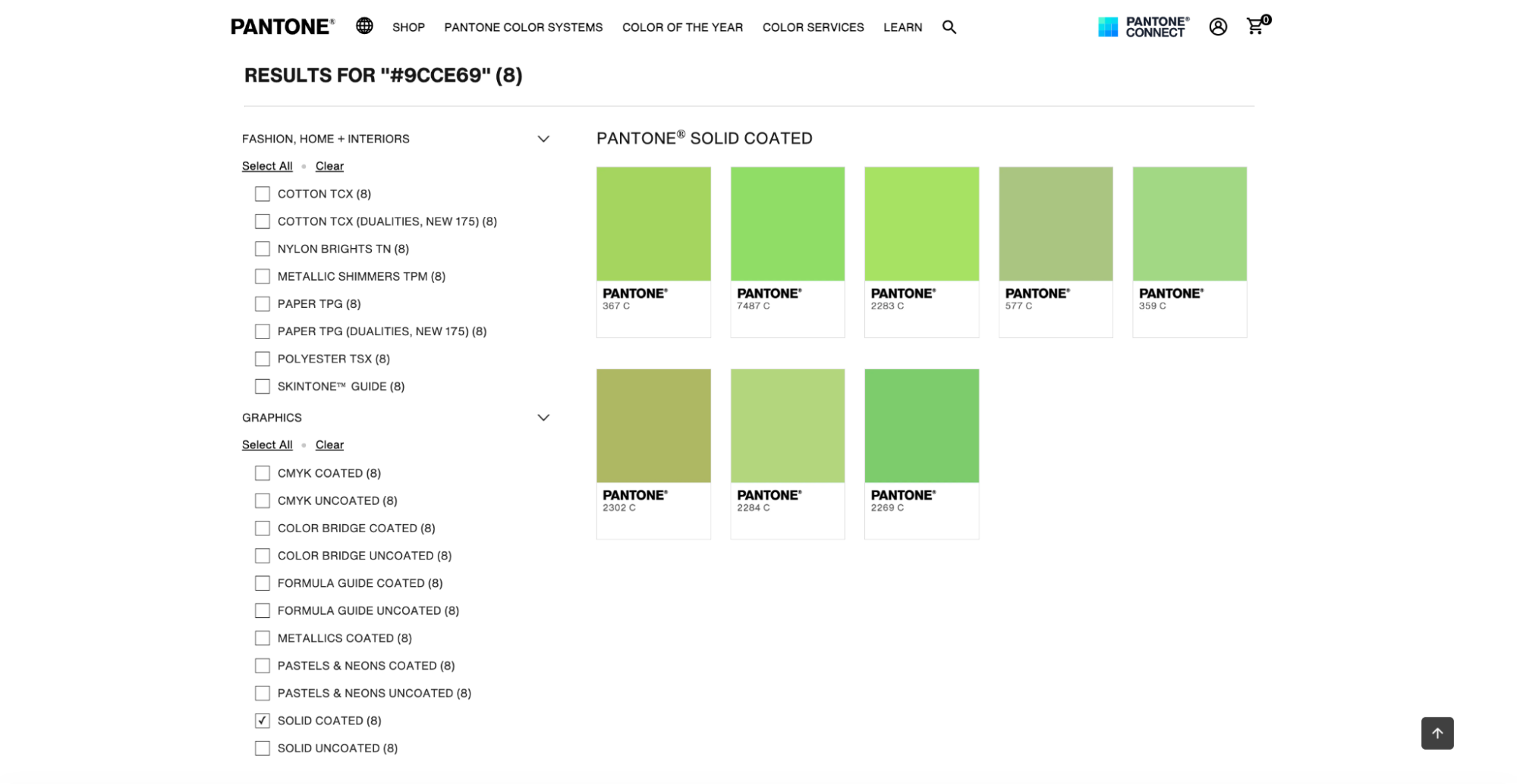 Pantone Solid Coated search results displaying green color variations with specific Pantone C codes for graphic design use