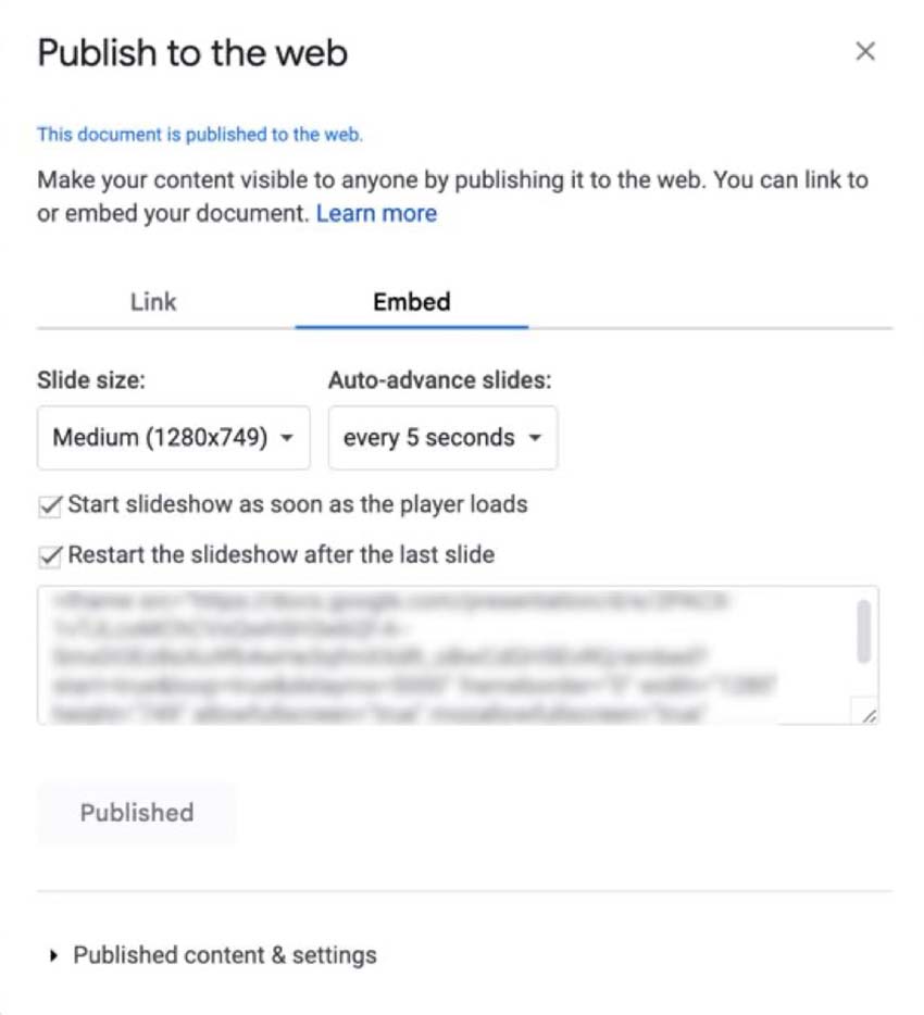 Use the code to embed your presentation in a document or website.