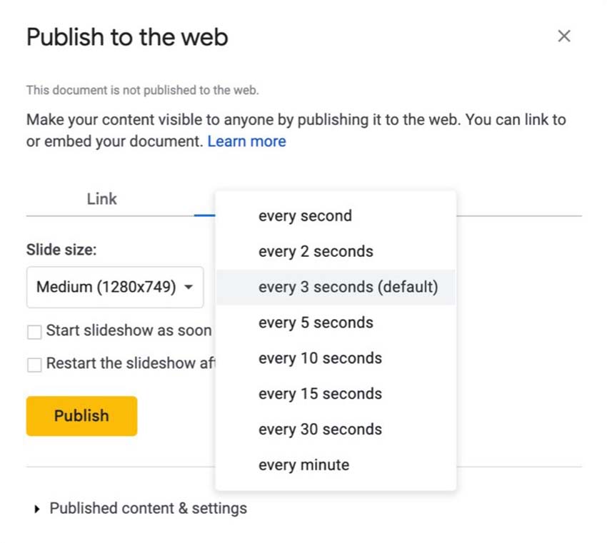 Use this drop-down menu to define how often the slides advance.