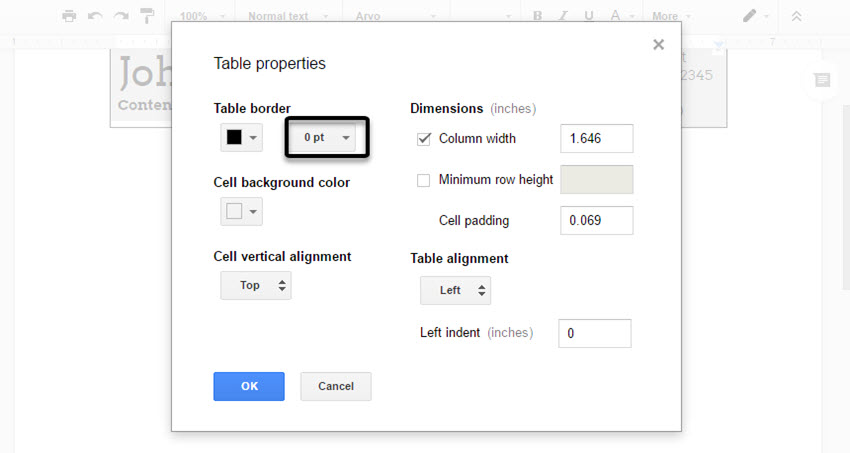 Setting a table border to 0 pt to make it invisible