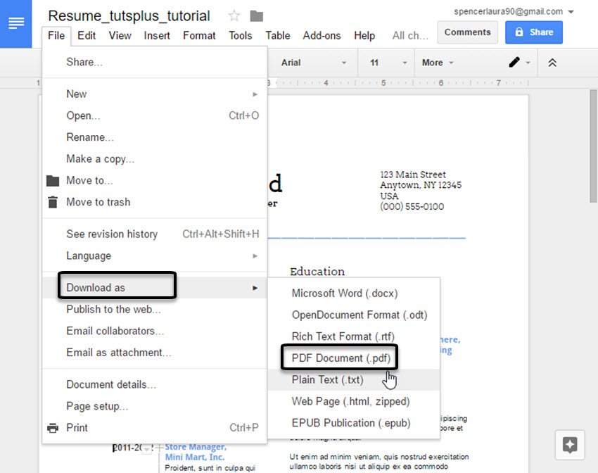 Exporting a Google Doc Resume as a pdf document
