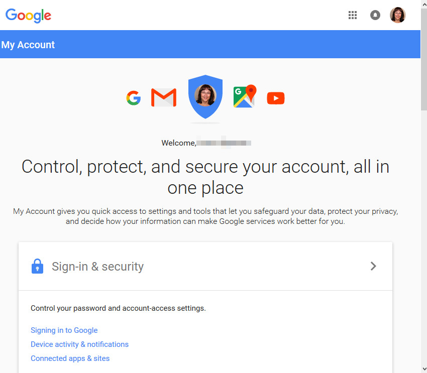 Gmail My Account screen