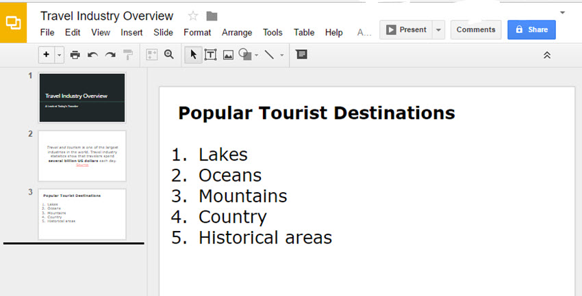 Add Numbered List to Google Slides text
