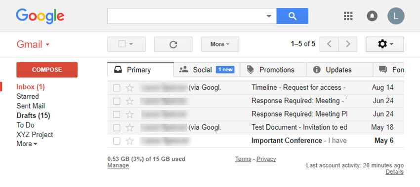 Gmail screen with email messages mass deleted