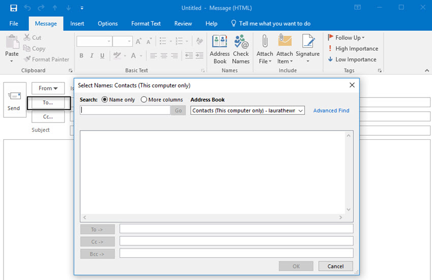 Microsoft Outlook Select Names Contacts dialog box