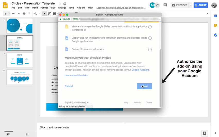authorize a Google Slides add-on