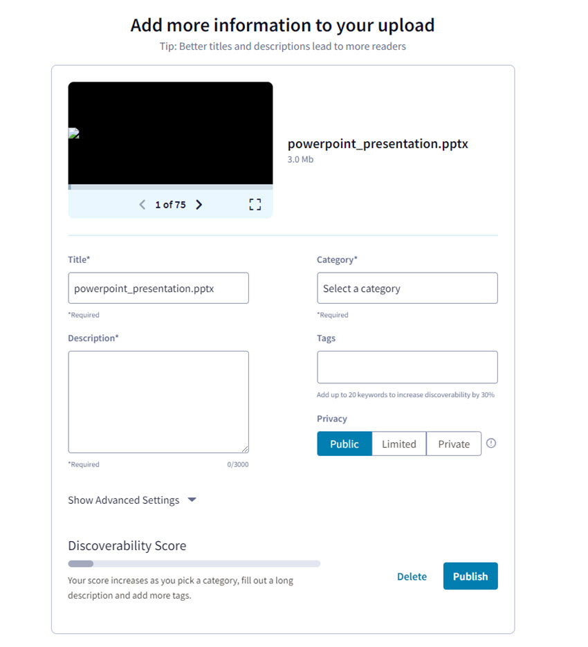 LinkedIn online presentation Upload Settings